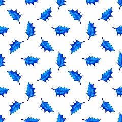 Fototapeta premium XMAS watercolor Poinsettia Seamless Pattern in Blue Color. Hand Painted fir tree background or wallpaper for Ornament, Wrapping or Christmas Gift