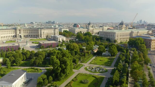 Aerial Establishing Shot of Volksgarten and Rosengarten Parks in Vienna, Austria on Beautiful Summer Day