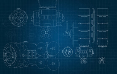 drawing of a space satellite and its parts on a blue millimeter substrate