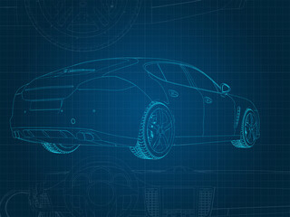 Fototapeta na wymiar drawing of a car and its parts on a blue millimeter substrate