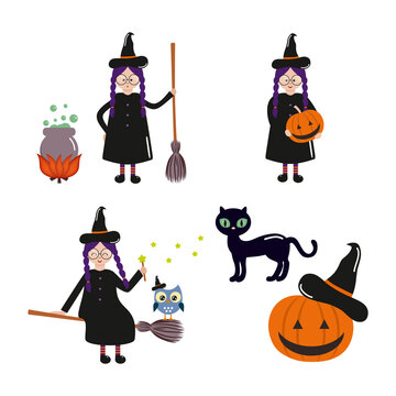 Set with cute witch for Halloween holiday. Black cat and pumpkin. Collection of stickers for October 31. Vector character in cartoon style.