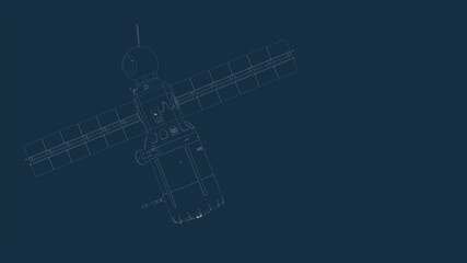 drafting silhouette of a spaceship and its parts on a blue background
