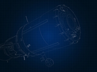 drafting silhouette of spaceship and its parts on blue graph paper