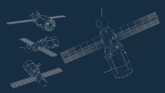 drafting silhouette of a spaceship and its parts on a blue background