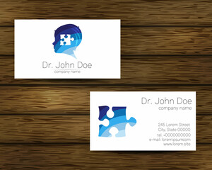 Psychology vector visit card Puzzle Autism Modern logo. Creative style. Design concept for Brand company. Blue color isolated on tree background. Symbol for web, print. vVsiting personal set