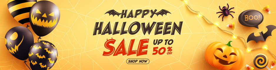 Halloween Sale Promotion Poster with Halloween Ghost Balloons and Pumpkin. Scary air balloons,bat,candy and Halloween Elements on yellow background. Website spooky,Background or banner Halloween