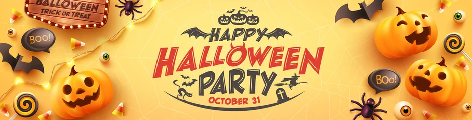 Fototapeten Happy Halloween party Poster or banner with Ghost Pumpkin,bat,candy and Halloween Elements..Website spooky,Background or yellow banner halloween template.Vector illustration eps 10 © Fotomay