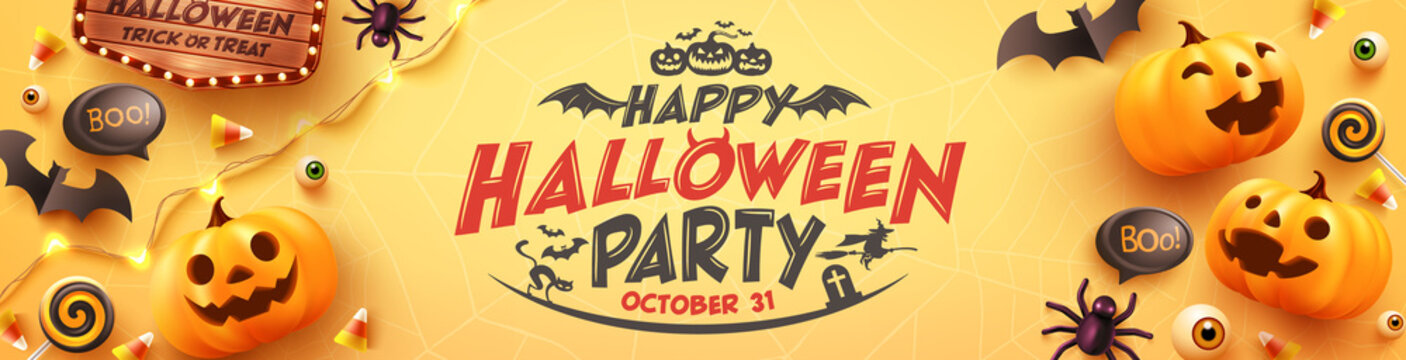 Happy Halloween party Poster or banner with Ghost Pumpkin,bat,candy and Halloween Elements..Website spooky,Background or yellow banner halloween template.Vector illustration eps 10