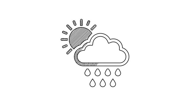 Black line Cloud with rain and sun icon isolated on white background. Rain cloud precipitation with rain drops. 4K Video motion graphic animation