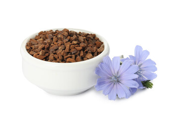 Bowl of chicory granules and flowers on white background