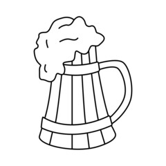 Beer day. Wooden beer mug with foam.  Vector illustration in doodle style. Design element for poster, card, menu, emblem, badge. Oktoberfest