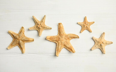 Fototapeta na wymiar Beautiful sea stars on white wooden background, flat lay