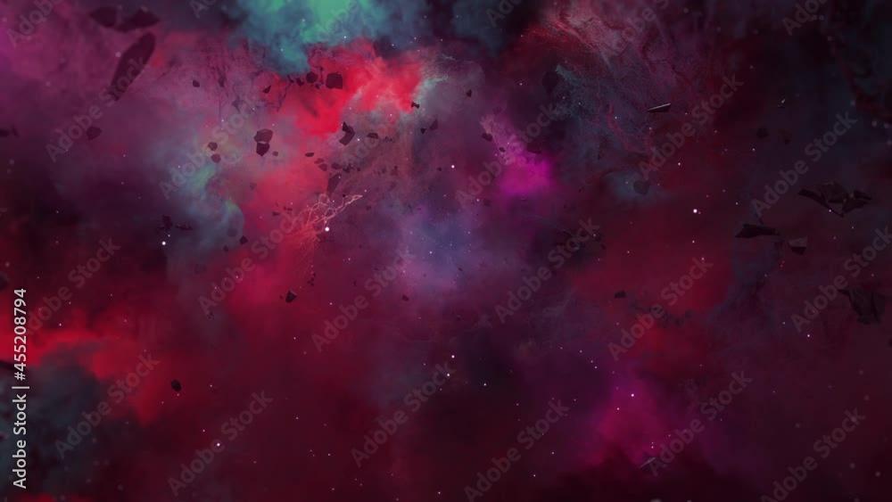 Wall mural nebula clouds seamless loop with particle star fly to galaxy. passing nebula clouds with star glow a