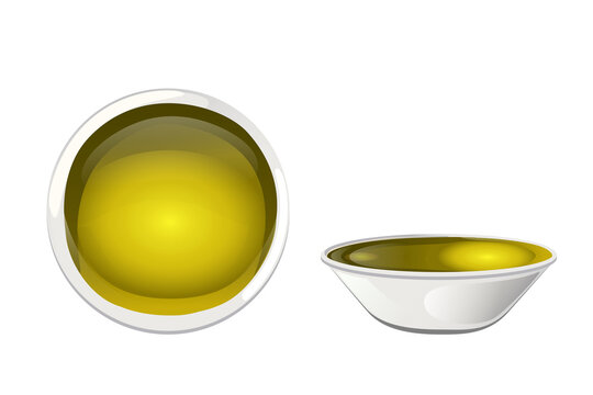 Yellow olive oil in bowl in cartoon style.