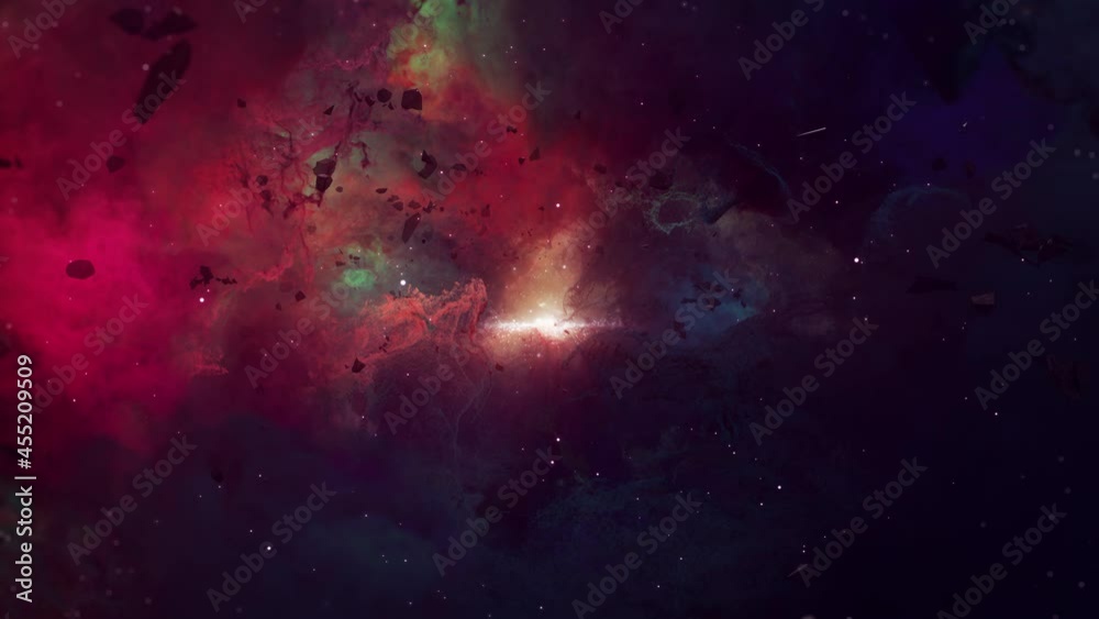 Wall mural nebula clouds seamless loop with particle star fly to galaxy. passing nebula clouds with star glow a