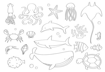 Doodle set of sea creatures on white background.