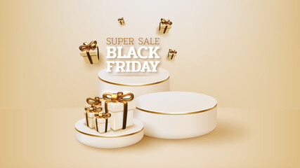 Black friday sale banner with realistic podium and gifts box with ribbon gold luxury. 3d vector illustration.