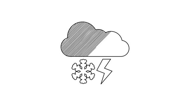 Black line Cloud with snow and lightning icon isolated on white background. Cloud with snowflakes. Single weather icon. Snowing sign. 4K Video motion graphic animation