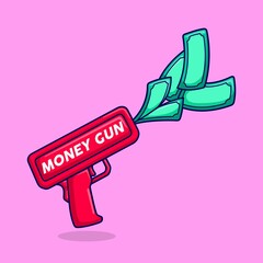 cute toy money gun with money flying cartoon vector illustration.spending money flat design style