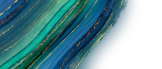 アルコールインクアートのイラスト背景）青と緑のめのう風の模様　ゴールド　金粉　バナー　エレガント
