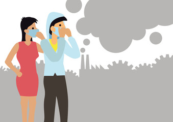 Couple wearing face mask because of air pollution in the city. Air Pollution concept.