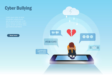 Cyber bullying, negative criticism, online hate speech concept. Kid with broken heart crying at smartphone screen with hate speech from online social media network.  - obrazy, fototapety, plakaty