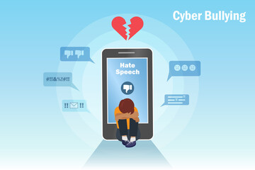 Cyber bullying, negative criticism, online hate speech concept. Kid with broken heart crying at smartphone screen with hate speech from online social media network. - obrazy, fototapety, plakaty