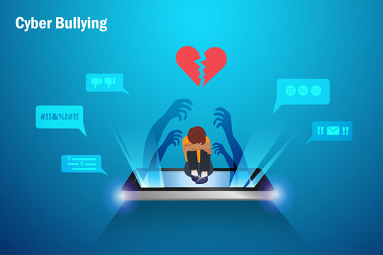 Cyber Bullying, Negative Criticism, Online Hate Speech Concept. Kid With Broken Heart Crying On Smartphone Screen With Threaten Hands And Hate Speech From Online Social Media Network.