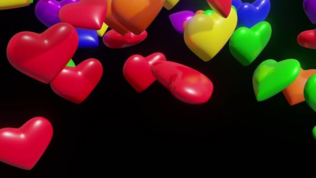 3D animation with hearts representing the colors of gay pride. Rendered in UHD on background black