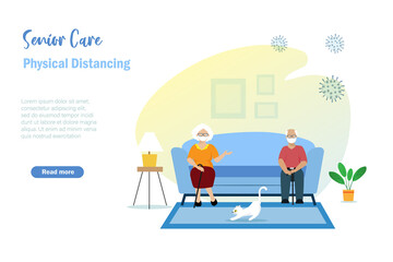 Senior couple wearing face mask physical distancing on sofa at house. Self home isolation, quarantine, stay home and health care for elderly people during covid-19 pandemic.