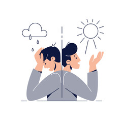 Bipolar disorder concept. Man suffers from mood swings, showing mania and depression period. Split personality, Manic depression, Mental disorder, bipolarity for web design.Flat vector illustration
