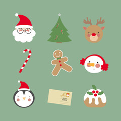 Set of Christmas and New Year elements with animals, snowman, cookie, letter to Santa, christmas cake, candy and Santa. Vector illustration.