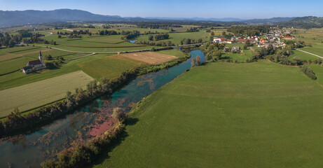 Aerial view of landscape with river Krka and mountain Gorjanci in Lower Carniola (Dolenjska), Slovenia