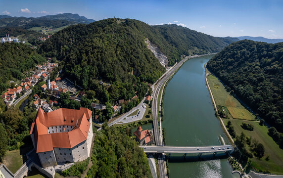 Aerial view of the medieval castle Rajhenburg near Krsko and river Sava valley, Slovenia