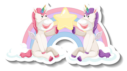 Two cute unicorns holding star together cartoon sticker