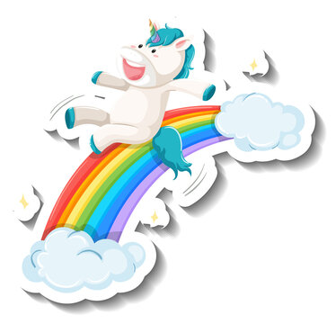 Cute unicorn slide on rainbow cartoon sticker