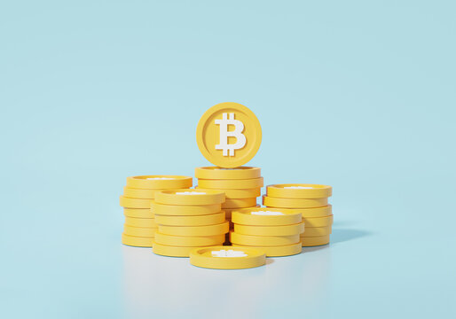 Blockchain technology, coins Bitcoin Cryptocurrency concept. or electronic digital money Floating and Stacks on sky blue background illustration, 3d rendering