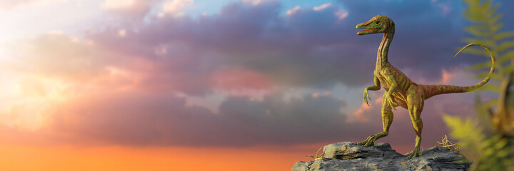 Compsognathus longipes, small dinosaur from the Late Jurassic period, background banner