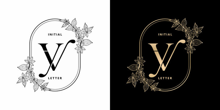 illustration of floral frame for VY or YV initial letter and graphic name, Monogram, for Wedding couple symbolic, company and icon business, with two colors variation designs monochrome and golds.