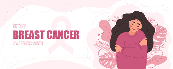 Breast cancer awareness month banner. Happy woman hugging herself. Annual international health campaign. Vector illustration in flat cartoon style.