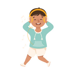 Energetic Boy with Headphones Dancing Moving to Music Rythm Vector Illustration