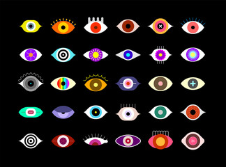 Colored vector icons isolated on a black background. Large bundle of human eyes, decorative design elements.