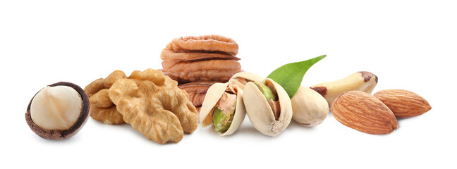 Mix of different tasty nuts on white background. Banner design