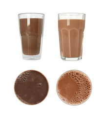 Set with delicious chocolate milk on white background