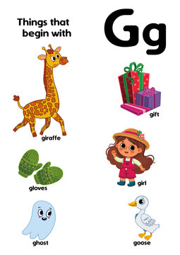 Things that start with the letter G. Educational, vector illustration for children.