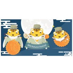 Tiger wearing Chinese costume celebrating Mid-Autumn Festival collection premium vector