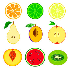 A set of colorful fruits in a section on a white background.Halves of orange, pear,lime, watermelon, apple,peach, kiwi, lemon, plum.Vector illustration can be used in textiles,juice packs,postcards.