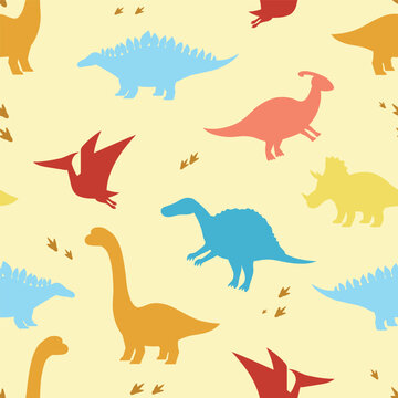 Seamless child dino pattern. Silhouettes of dinosaurs on a yellow background. Backdrop for wallpaper, textile, fabric, wrapping.