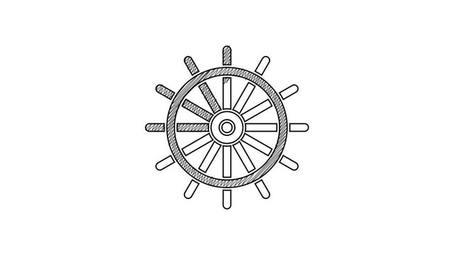 Black line Ship steering wheel icon isolated on white background. 4K Video motion graphic animation