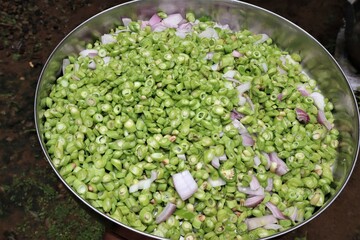 Sliced yard long bean vegetable , Asian's homegrown vegetable, View from top vegetable.
